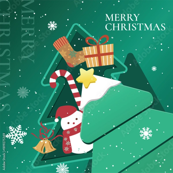 Obraz Colorful flat illustration of layered Christmas trees decorated with festive elements such as a snowman, candy cane, gift box, stocking, golden bells, and snowflakes.