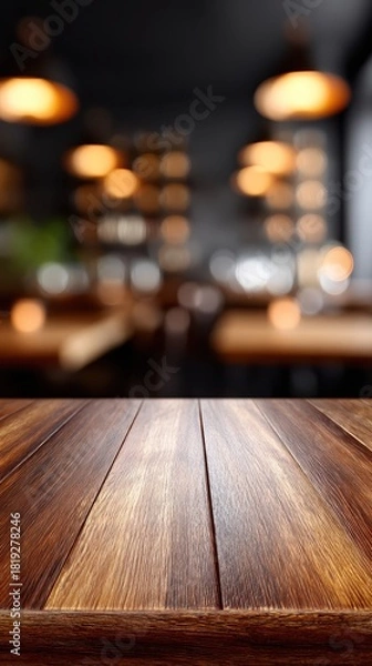 Obraz A beautifully textured wooden table is showcased in front of a softly blurred restaurant backdrop.