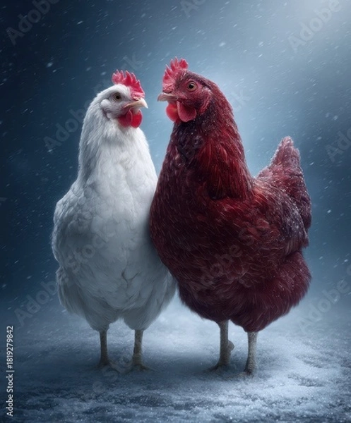 Fototapeta A striking image of a white and a red hen standing close in a snowy, cold, and serene environment.