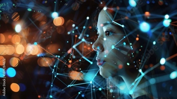 Fototapeta Woman and abstract network connection