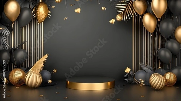 Fototapeta Black Friday banner with podium and balloons.
