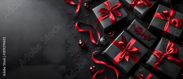 Obraz Christmas boxes with ribbon on black background.