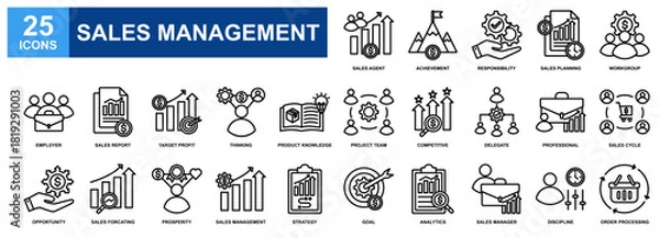 Obraz Sales Management icon set collection. Containing design Sales Agent, Achievement, Sales Planning, Sales Report, Target Profit