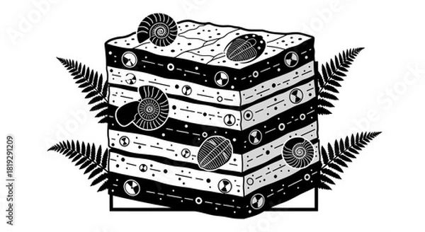 Obraz Layered Sedimentary Rock Formation with Fossils and Ferns Illustration.