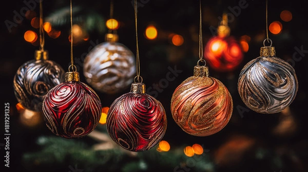Fototapeta Festive Christmas ornaments hanging with blurred lights in the background. These colorful baubles are perfect for holiday decorations, adding a touch of elegance and cheer to winter holidays 2026.
