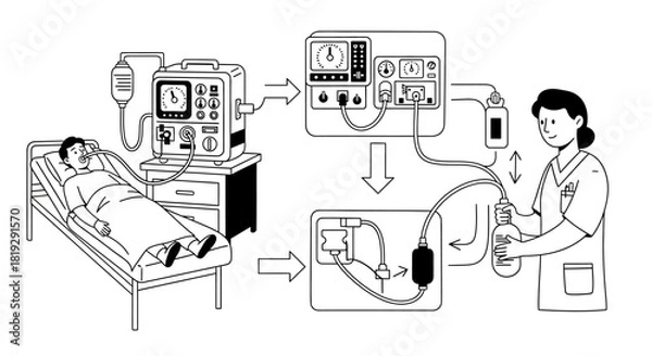 Obraz Medical ventilator assisting patient breathing in hospital setting.