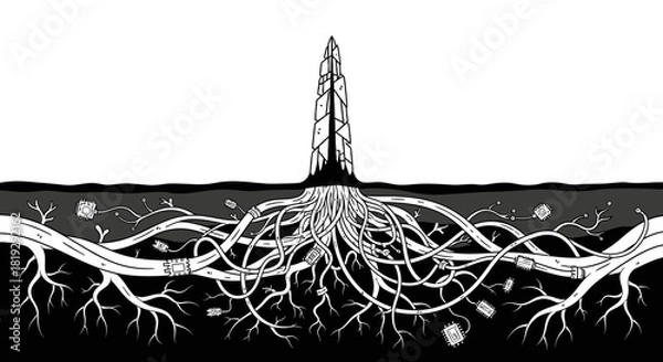 Obraz Oil Rig with Extensive Root System Underground Black and White Illustration.