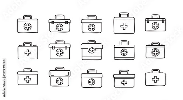 Obraz First aid kit drawing set medical box illustration simple sketch