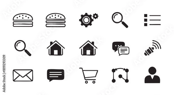 Obraz Hand drawn burger search home message icons on white background