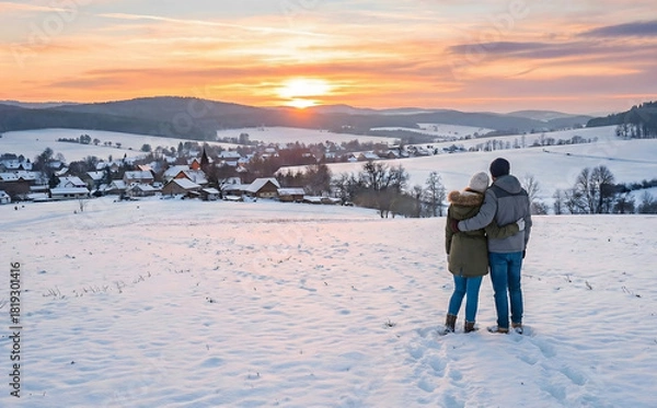 Obraz Couple watching a sunset over a snowy valley landscape.