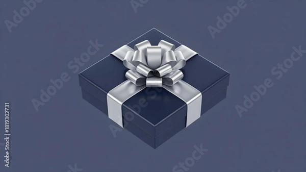 Obraz Minimalistic 3d rendering of a dark blue gift box with a shiny silver ribbon and bow, presented on a matching plain background