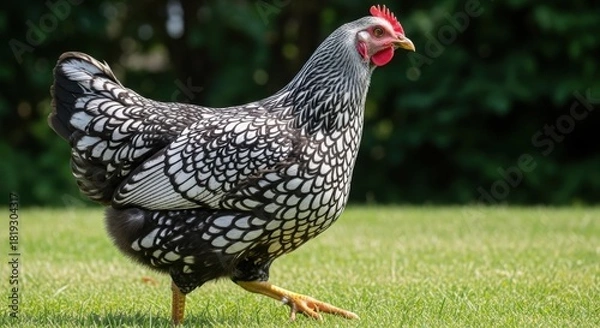 Fototapeta Wyandotte chicken walking on green grass