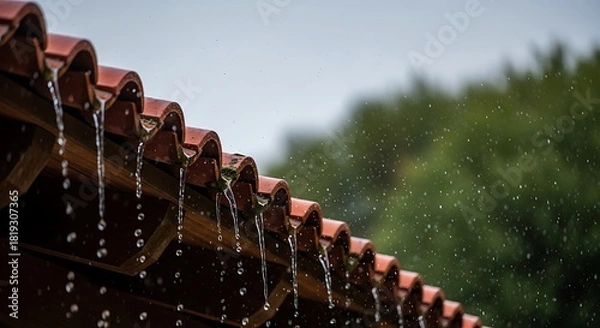 Obraz Diluvian downpour on terracotta roof tiles during a thunderstorm season
