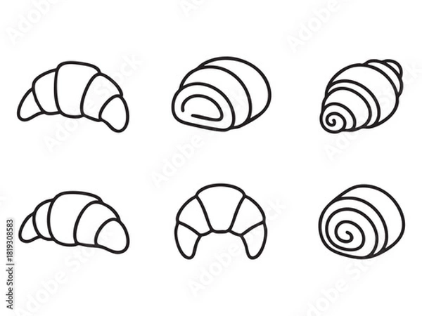 Fototapeta Croissant pastry line black icons set
