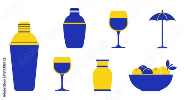 Fototapeta Illustration featuring various cocktail-making tools, glasses, fruit bowl, and a decorative parasol, all in a simple, graphic style.