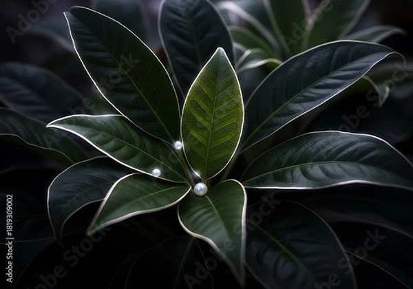 Fototapeta Elegant juxtaposition: Dark laurel leaves adorned with delicate pearls in moody illumination