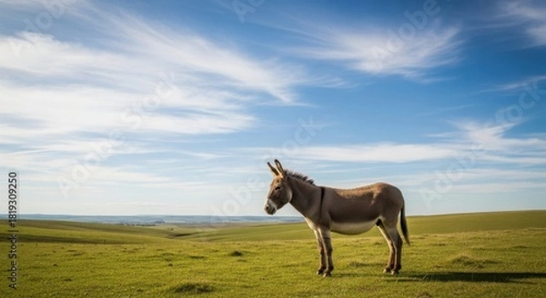Fototapeta Donkey in green field under blue sky