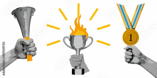 Obraz Hands holding torch trophy with flame and number one medal