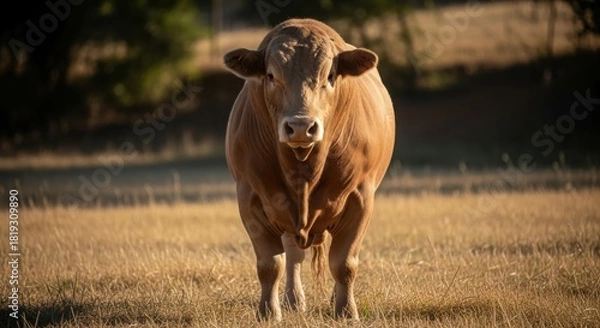 Fototapeta Bull standing in a dry field