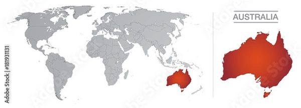 Fototapeta Australia in the world, with borders and all the countries of the world separated