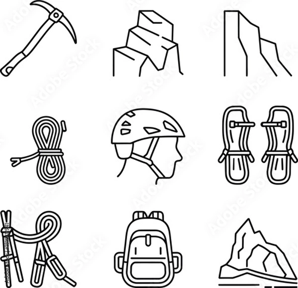 Obraz Climbing equipment and mountain icons line art mountaineering