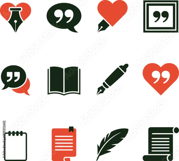 Fototapeta Collection of writing and communication icons in red and dark green