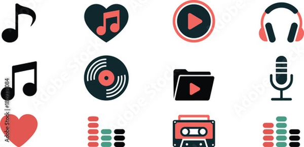 Fototapeta Music icons and symbols in coral teal and black note