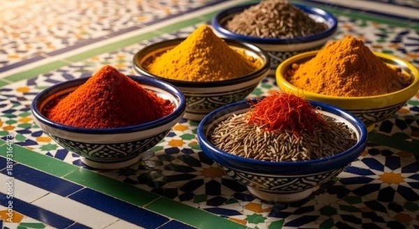 Fototapeta Aromatic spices in bowls on colorful zellige tile