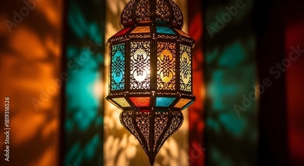 Fototapeta Traditional moroccan lantern casting intricate colored light patterns
