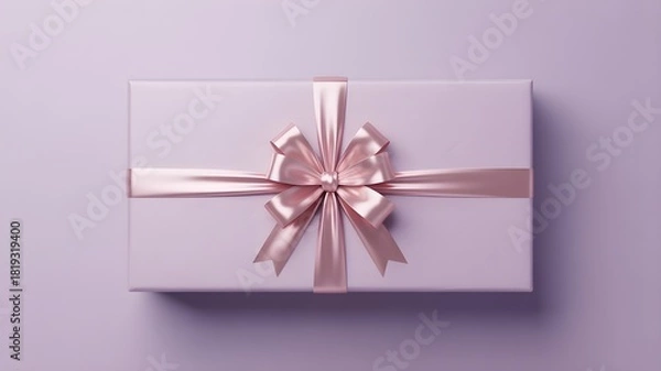 Obraz Top down view of a lilac gift box wrapped with a shiny pink satin ribbon tied in a classic bow on a monochromatic purple background