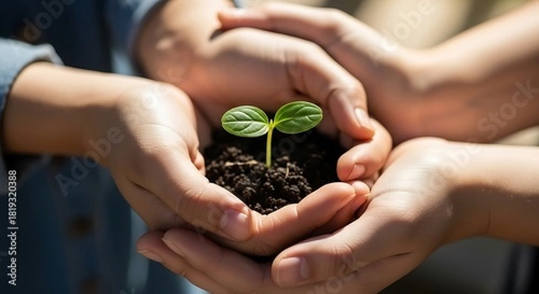 Fototapeta Hands cradling a tiny sprout symbolizing hope for future generations