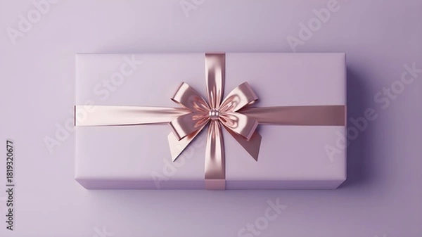 Obraz Minimalist shot of elegant light lavender rectangular gift box with shiny rose gold ribbon bow placed on solid color backdrop