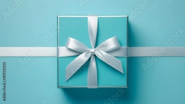 Obraz Minimalist shot of elegant teal square gift box with shiny silver ribbon bow placed on solid color backdrop creating festive atmosphere