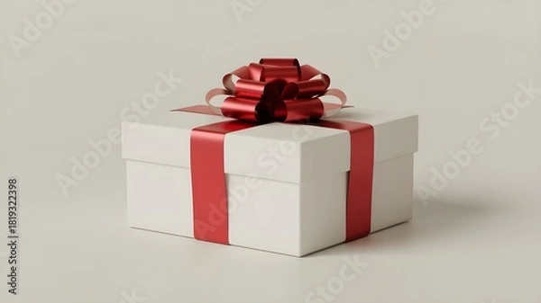 Obraz White rectangular gift box with vibrant red ribbon bow isolated on clean white background for various occasions