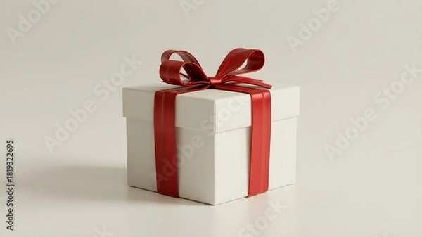 Obraz White square gift box with shiny red ribbon bow isolated on bright white background symbolizing special presents