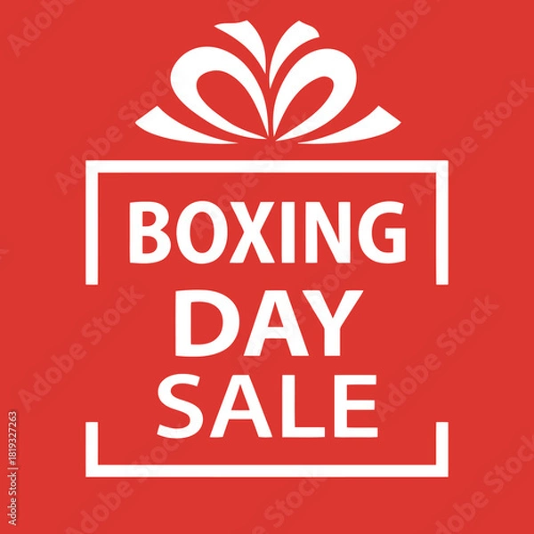 Fototapeta A graphic illustration announces a Boxing Day sale with a gift box icon and bold white text on a red background, symbolizing holiday shopping and discounts.