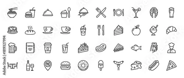 Fototapeta Food and restaurant line icon set. Vector pictograms of plate, cutlery, burger, coffee, cake, chef, pizza, and menu, thin linear illustration.
