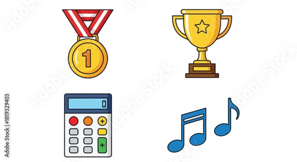 Fototapeta Vector illustration of collection of school supplies, including trophy