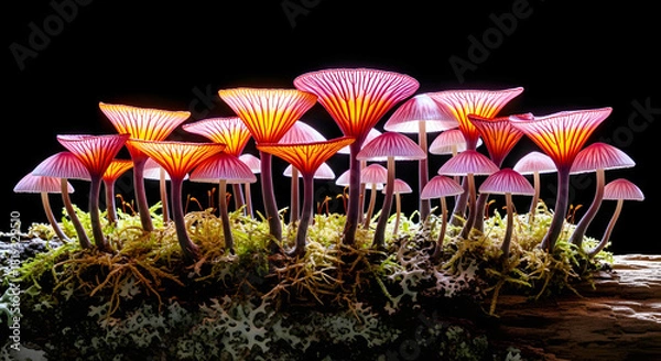 Fototapeta Cluster of bioluminescent mushrooms with glowing pink and orange caps on mossy log