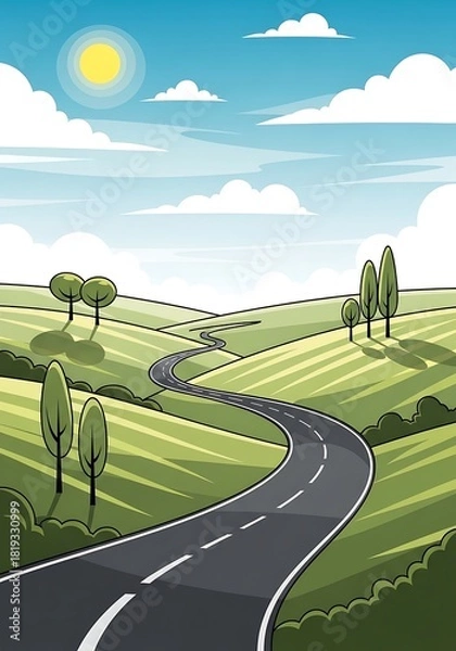 Obraz Scenic route amid rolling hills with a winding asphalt road ahead