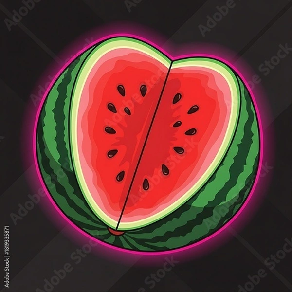 Fototapeta Vibrant Watermelon Illustration with Neon Outline on Dark Background