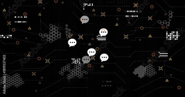 Obraz Showing center chat bubble cluster linking with hex nodes, pixels and lines on dark grid screen