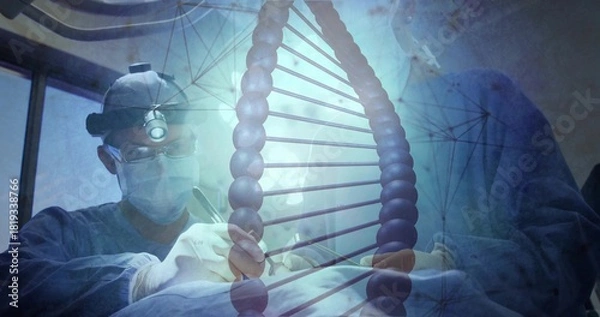 Fototapeta Operating surgeons performing surgery in OR, wearing sterile gowns and headlamp with DNA overlay