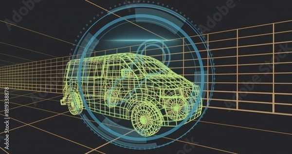 Obraz Rendering neon green wireframe van model rotating in virtual 3D space with orange grid, HUD rings