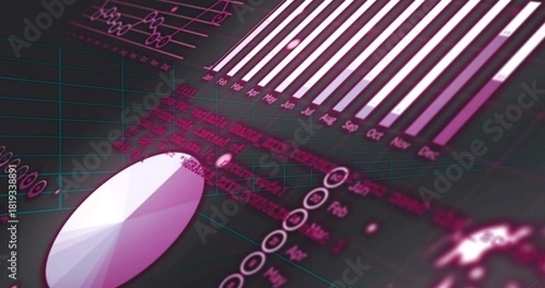 Obraz Displaying faceted pie chart occupying left foreground highlighting magenta bar chart, teal grid