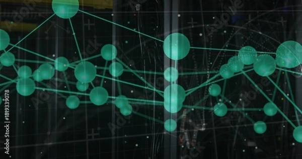 Obraz Forming teal network of spherical nodes and thin lines in dim exhibit space, featuring panels