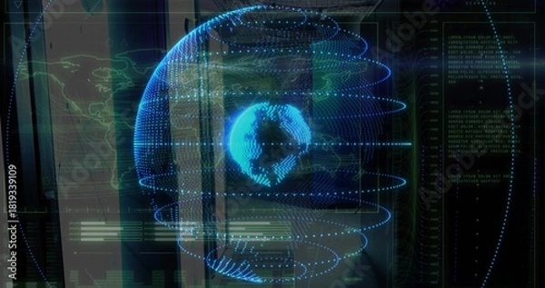 Obraz Projecting holographic point-cloud globe showing orbital rings in dark control room, with telemetry