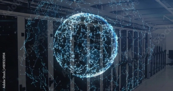 Fototapeta Hovering digital globe projecting network map at data center, with server racks and chair