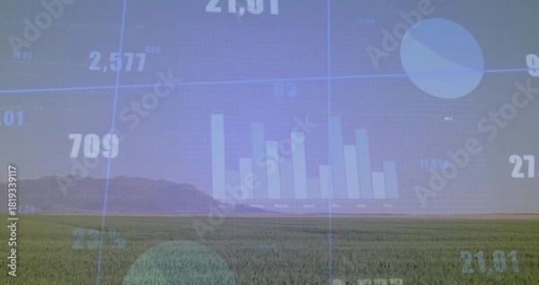 Obraz Projecting faint bar chart over grassy plain near horizon, showing pie chart, numeric labels