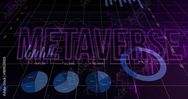 Fototapeta Displaying large METAVERSE text glowing over grid plane, showing pie charts, donut, graphs, globe